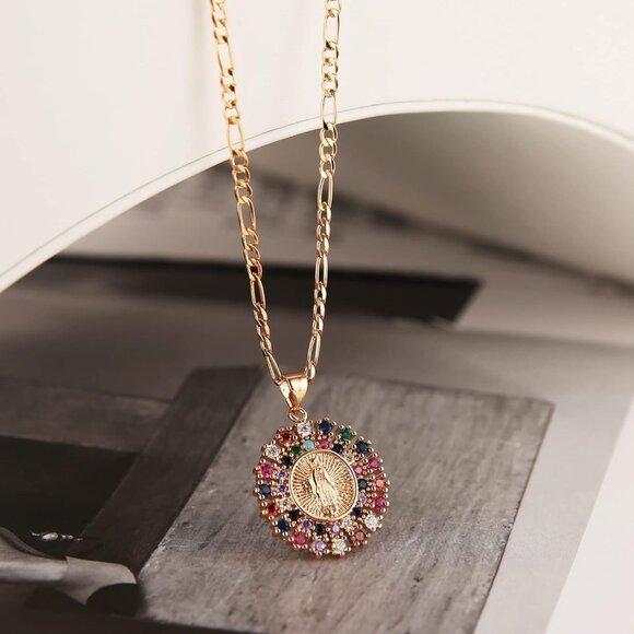 Virgin Mary Prayer Necklace Gold Plated Religious Pendant for Women Faith Gift - Picture 4 of 6